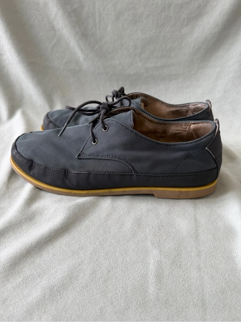 Olukai Men's Honolulu Lace Mesh Shoes Dark Shadow Gray Yellow Trim Size 12M